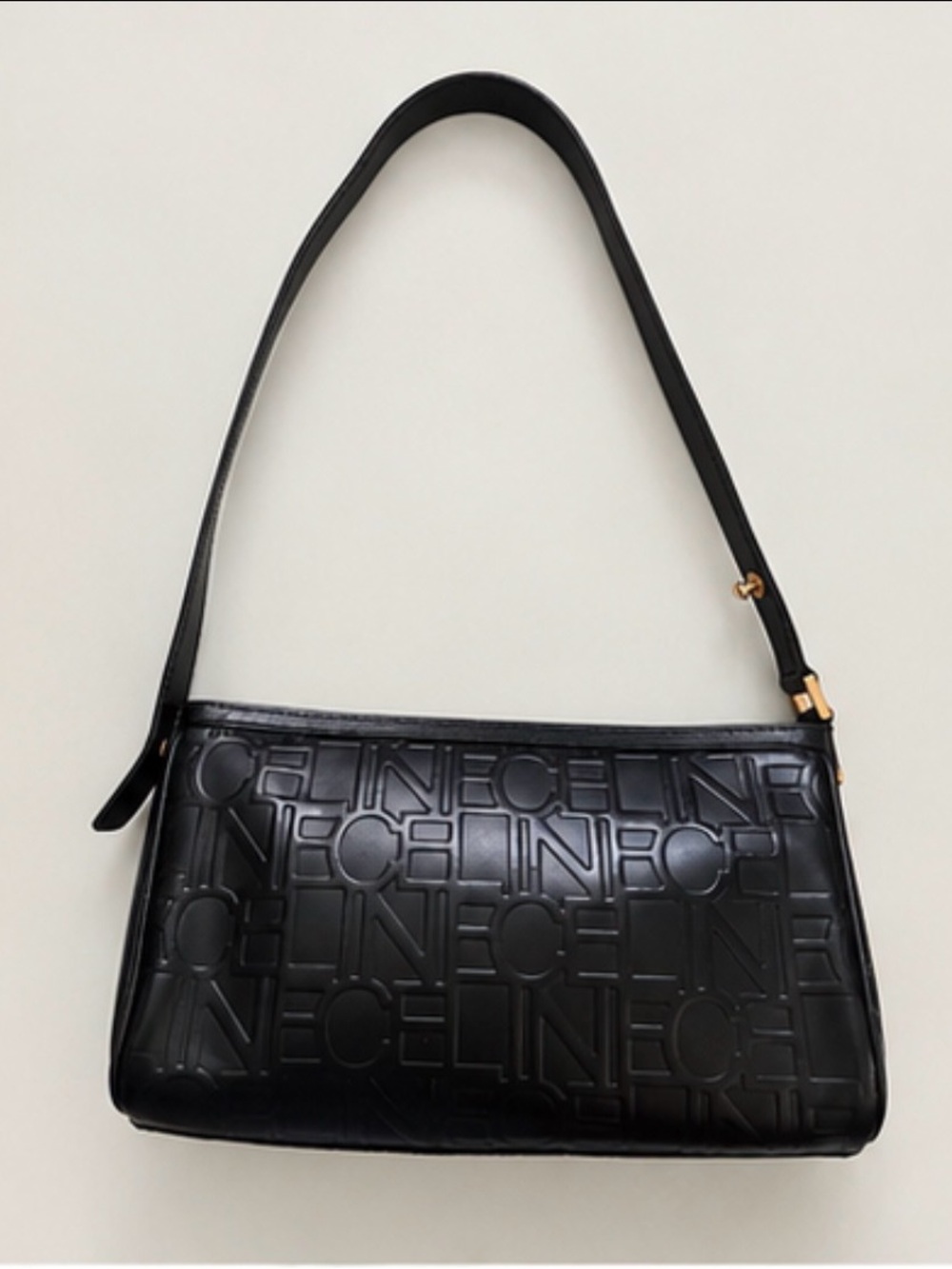 Vintage Celine Black Embossed Logo Shoulder Bag with Gold Hardware